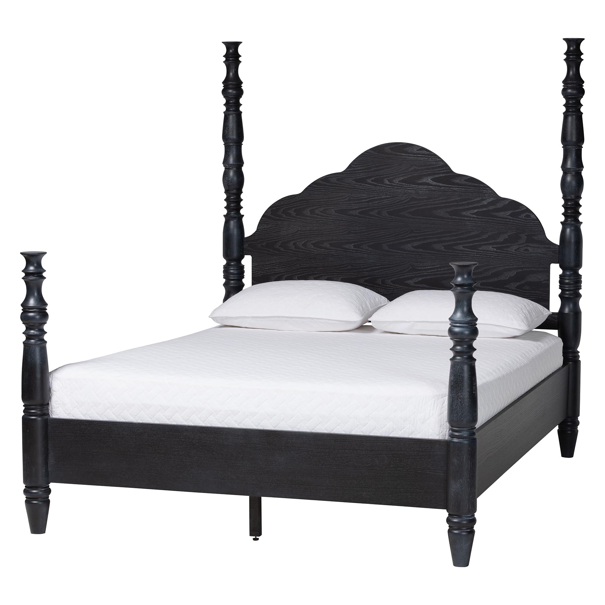 Baxton Studio Martino Four-Poster Platform Bed - Sculpted Post Bed Frame with Panel Headboard, Vintage Spindle Bed, Black, King Affordable modern furniture in Chicago, classic bedroom furniture, modern king size, cheap king size